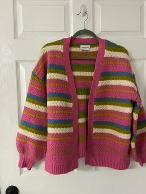 FRNCH PARIS MultiColored HAND-KNITTED Stripe Open Front LOBELIA Cardigan Sweater